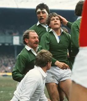 Irelands Trevor Ringland celebrates his try with Nigel Carr and Donal Lenihan - 1986 Five Nations