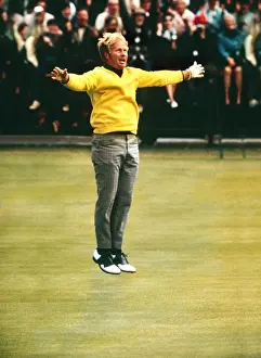 Jack Nicklaus leaps into the air after sinking the winning putt in the 1970 Open