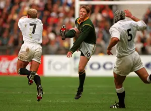 Jannie De Beer kicks one of his record five drop goals against England at the 1995 Rugby World Cup