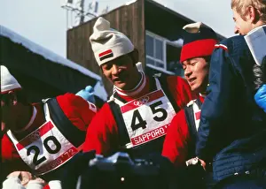 The three Japanese jumpers who had a clean-sweep of the medals celebrate - 1972 Sapporo Winter Olympics