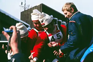 Images Dated 2013 November: The three Japanese jumpers who had a clean-sweep of the medals celebrate - 1972 Sapporo Winter Olympics