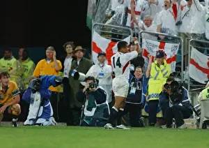 Jason Robinson celebrates scoring his try in the 2003 World Cup Final