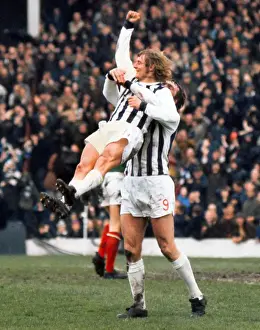 Jeff Astle celebrates with goalscorer Asa Hartford - West Bromwich Albion