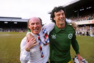 Jimmy Melia and Graham Moseley celebrate reaching the 1983 FA Cup Final