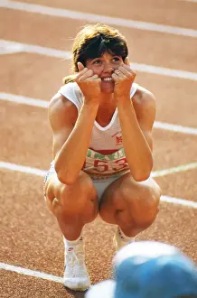 Kathy Cook looks nervously at the scoreboard to confirm her bronze medal win at the 1984 Olympics