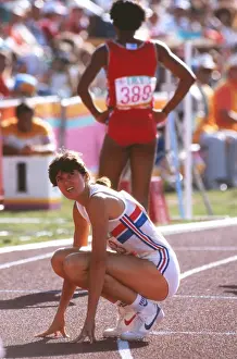 1984 Los Angeles Olympic Prints: Kathy Cook looks nervously at the scoreboard to confirm her bronze medal win at the 1984 Olympics