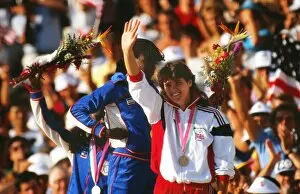 Images Dated 21st December 2010: Kathy Cook waves to the crowd on the podium at the 1984 Los Angeles Olympics
