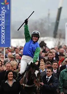 Horse Racing Prints: Katie Walsh celebrates winning the 2010 National Hunt Chase Challenge Cup at Cheltenham