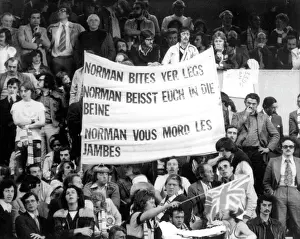 Leeds fans hold a Norman Bites Yer Legs banner during the 1975 European Cup