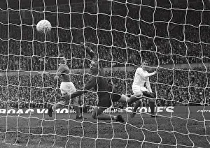 Leeds Mick Jones shoots at Everton goalkeeper Gordon West in the 1968 FA Cup
