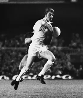 Leeds Uniteds Allan Clarke gets a Barcelona boot in the chest during the 1975 European Cup semi-final