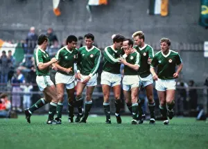Liam Brady and his Ireland teammates celebrate his goal against Brazil in 1987