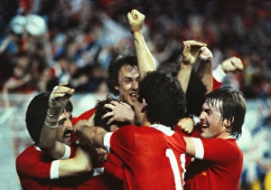 Liverpool players celebrate Alan Kennedys goal in the 1981 European Cup Final
