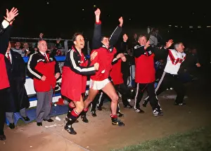The Manchester United bench celebrate after reaching the 1990 FA Cup Final