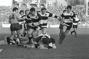 Mervyn Davies tackles an Australian player for the Barbarians in 1976 with his teammates moving in in support