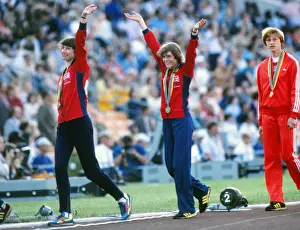 Michelle Probert (left) and Linsey MacDonald celebrate with their bronze medals -1980 Moscow Olympics