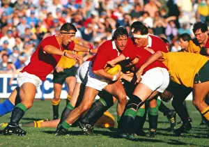 Mike Teague, Wade Dooley and Paul Ackford play for the British Lions in the second test against Australia in 1989