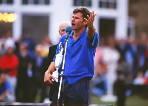 Nick Faldo gesticulates after winning The Open at Muirfield in 1992