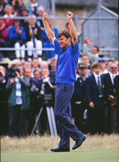 Images Dated 8th July 2009: Nick Faldo raises his arms after winning the 1992 Open Championship