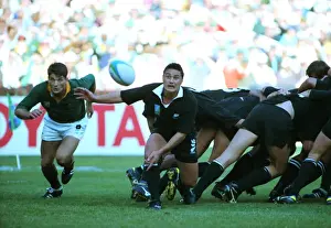 opposing scrum halfs Graeme Bachop and Joost van der Westhuizen during the 1995 Rugby World Cup Final