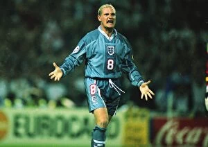 Images Dated 12th March 2011: Paul Gascoigne celebrates scoring his penalty in the semi-final of Euro 96
