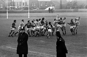 Policemen line the pitch during the South African Barbarians game against Devon in 1979