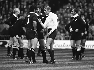 All Blacks Prints: Referee Roger Quittenton lectures New Zealands Billy Bush as captain Graham Mourie looks