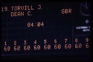 The scorebaord shows Torvill and Deans perfect marks for their Bolero routine at the 1984 Sarajevo Winter Olympics