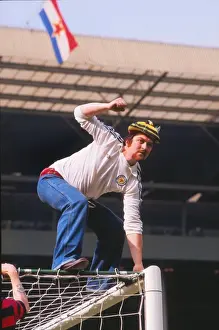 A Scotland fans climbs up the Wembley goalpost - 1977 British Home Championship