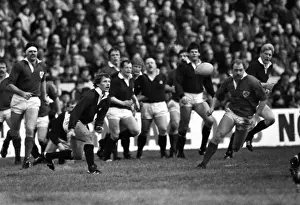 Rugby Prints: Scotlands John Rutherford gets the ball away - 1985 Five Nations