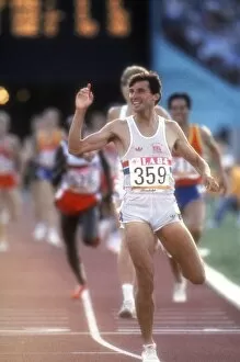 Images Dated 23rd December 2011: Seb Coe celebrates as he crosses the line to win 1500m gold at the 1984 Los Angeles Olympics