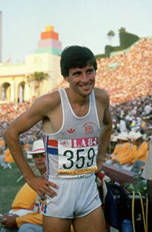 1984 Olympics Collection: Seb Coe celebrates winning 1500m gold at the 1984 Los Angeles Olympics