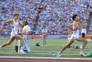 1984 Los Angeles Olympics Collection: Seb Coe sprints away from Steve Cram to win 1984 1500m Olympic final