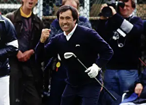 Seve Ballesteros punches the air after his chip on the way to winning the 1988 Open Championship