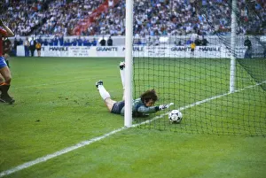 Spain goalkeeper Luis Arconada fumbles the ball into the net from Platinis free-kick in the final of Euro 84