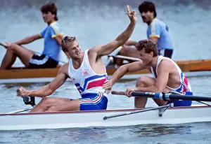 Steve Redgrave celebrates victory in the coxless pairs at the 1988 Seoul Olympics