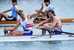 1988 Seoul Olympics Collection: Steve Redgrave celebrates victory in the coxless pairs at the 1988 Seoul Olympics