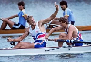 1988 Seoul Olympics Collection: Steve Redgrave celebrates victory in the coxless pairs at the 1988 Seoul Olympics