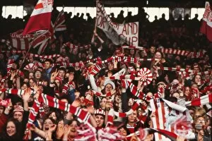 FA Cup Winners Collection: Sunderland fans in Roker Park cheer their team during the 1973 FA Cup homecoming