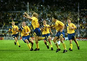Swedens Tomas Brolin celebrates with his teammates after scoring the winning goal against England at Euro 92