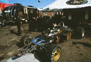 Motorsport Collection: The Team Lotus garage at the 1973 British Grand Prix