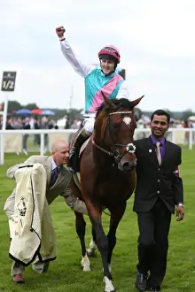 Horse Racing Prints: Tom Queally celebrates winning the Queen Anne Stakes on Frankel