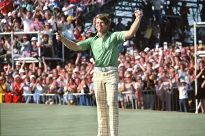 Tom Watson celebrates sinking the winning putt at the 1977 Open Championship
