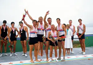 The victorious GB coxed fours rowers celebrate gold - 1984 Los Angeles Olympics