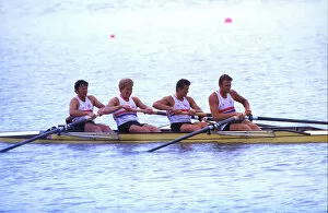 1984 Olympics Collection: The victorious GB coxed four returning to the dock after the medal ceremony