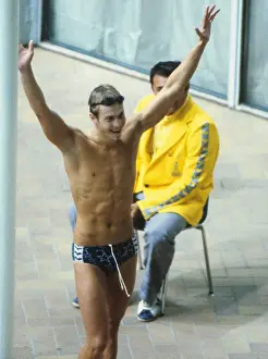 Vladimir Salnikov celebrates after becoming the first man to break the fifteen minute barrier in the 1500-meter freestyle at the 1980 Moscow Olympics