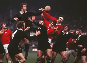 Wales Mervyn Davies jumps against the All Blacks Peter Whiting in 1972