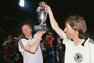 West Germanys Horst Hrubesch and Manfred Kaltz celebrate victory in Euro 1980