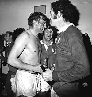 Willie John McBride, Ian McGeechan and Mervyn Davies celebrate winning the 1974 British Lions series